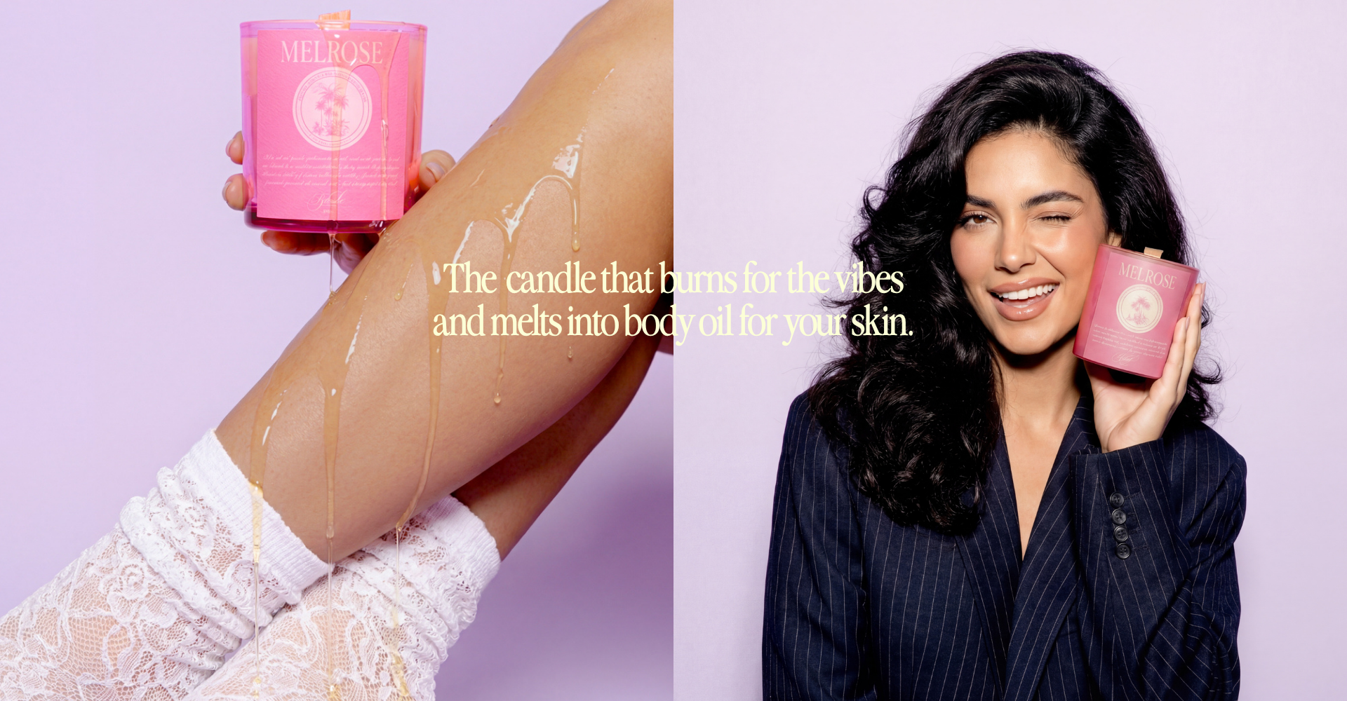 Woman holding a pink candle labeled 'Melrose' with text about its effects on skin.