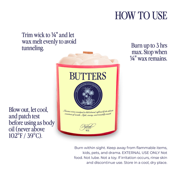 Butters body oil candle product shot - Nylrak Los Angeles