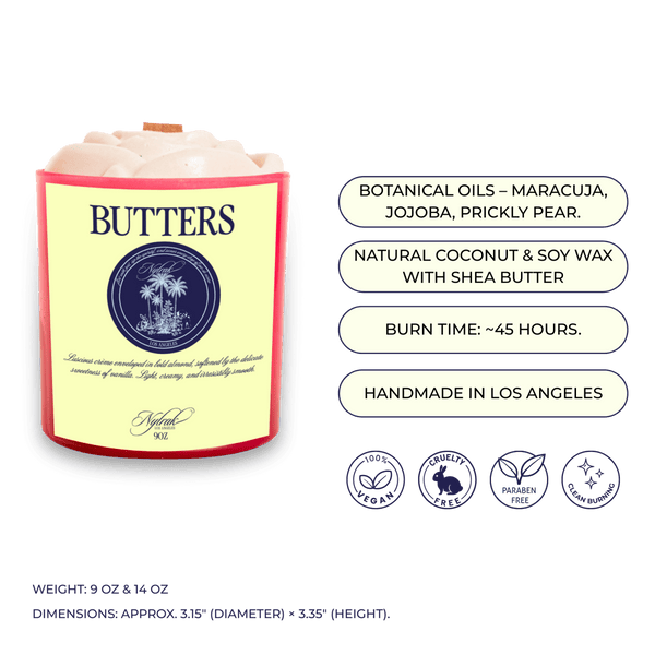 Butters luxury body oil candle with crackling wood wick