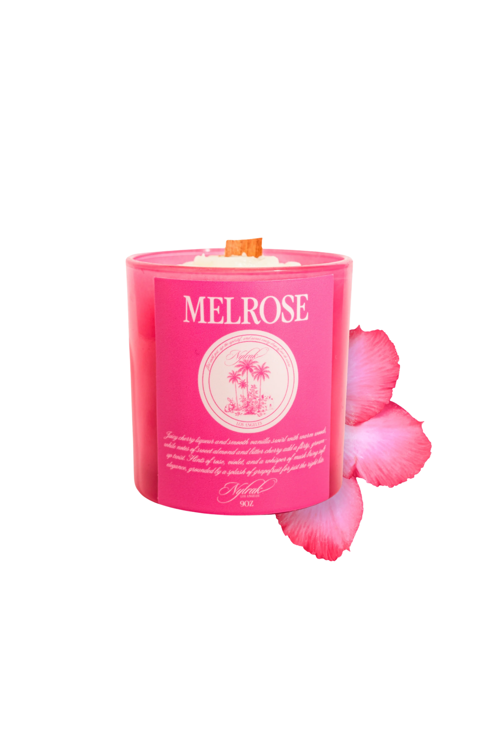 Melrose scented candle with wood wick and body oil