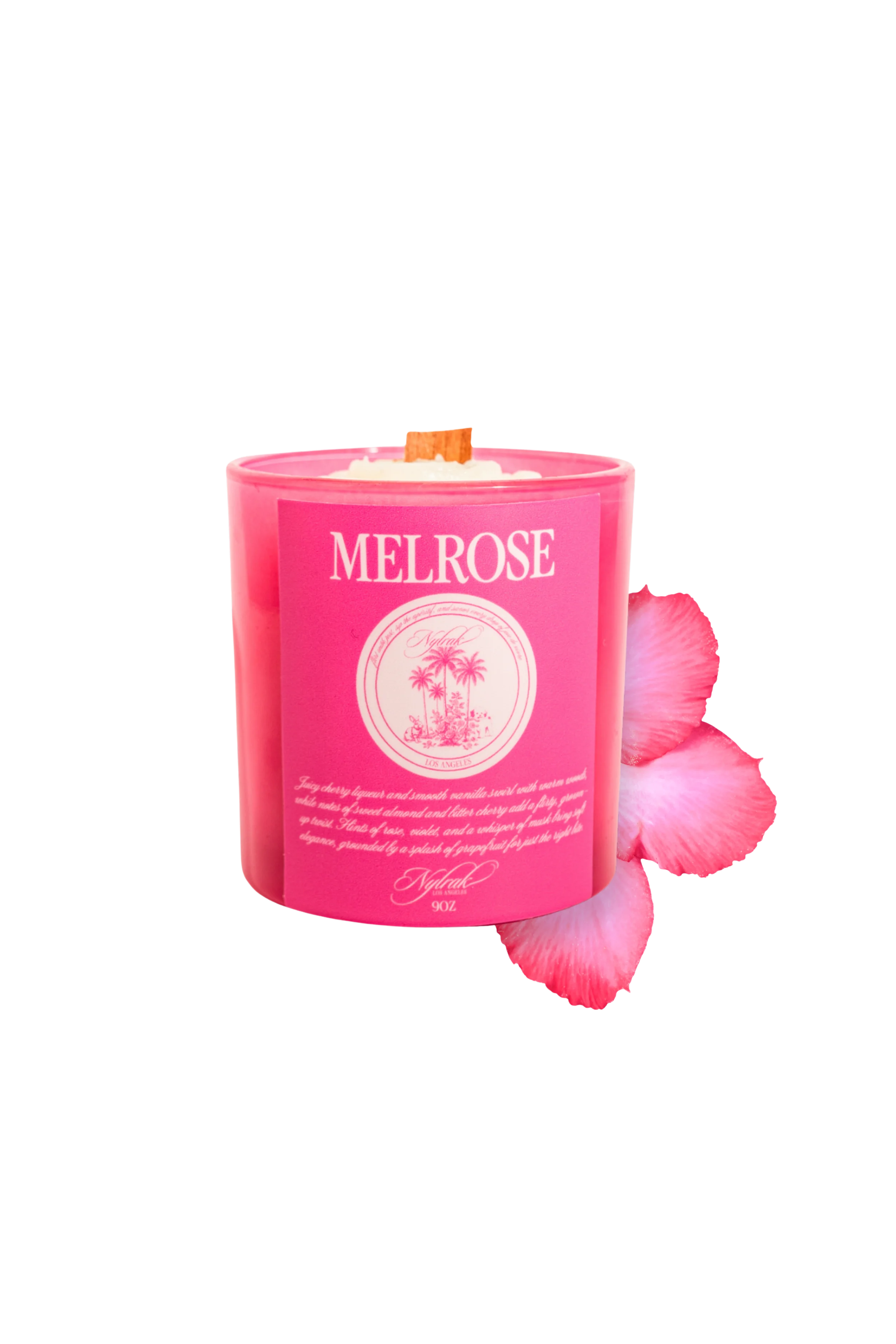 Melrose scented candle with wood wick and body oil