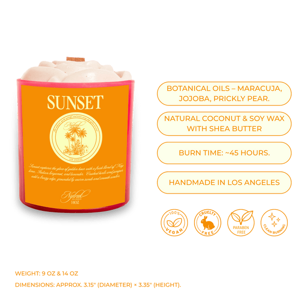 Sunset luxury body oil candle with crackling wood wick by Nylrak