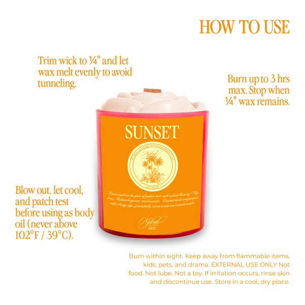 Nylrak Sunset candle burning - melts into warm body oil